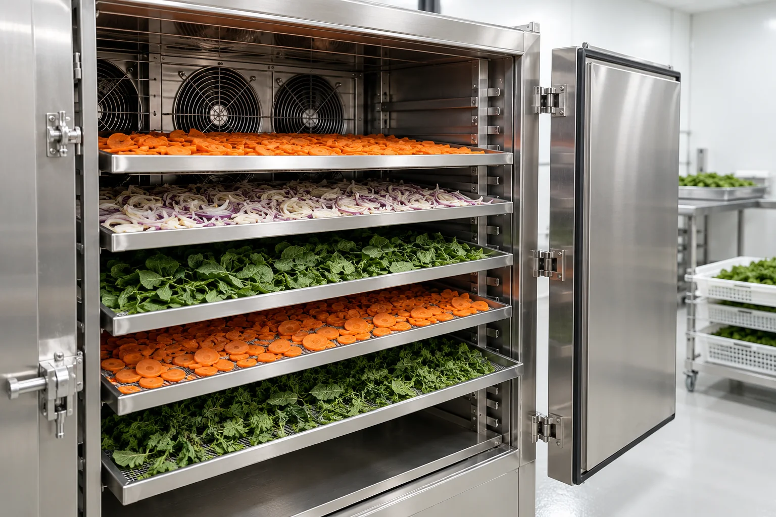 Illustration of stainless controlled drying equipment with vegetable trays