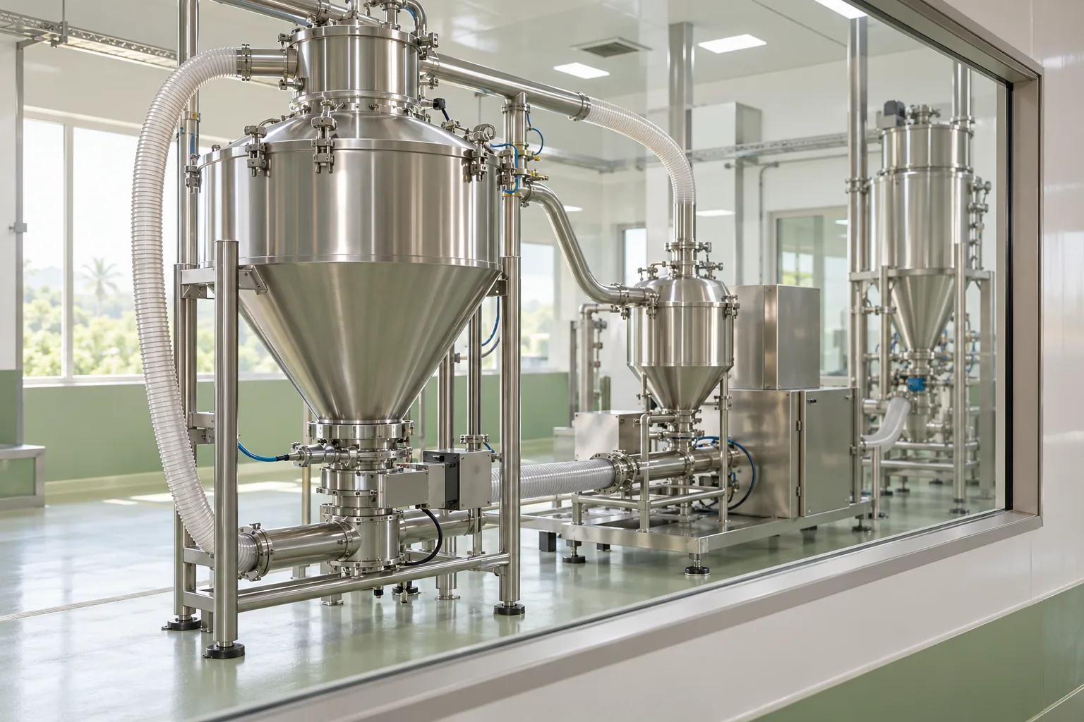 Illustration of covered stainless powder transfer equipment in an enclosed clean processing room