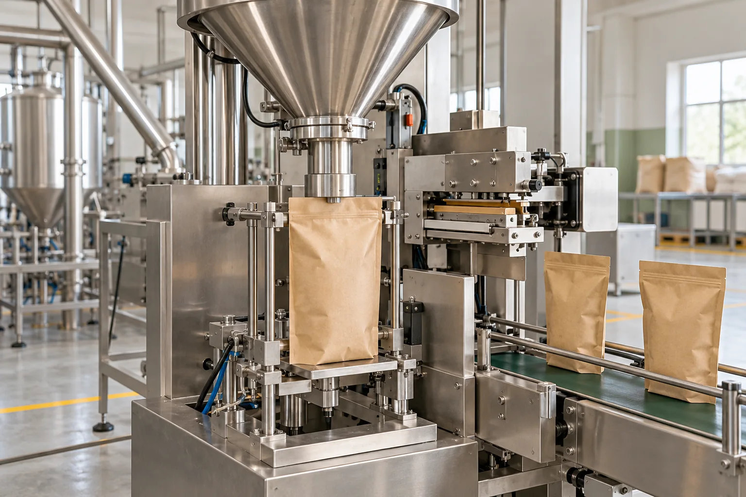 Illustrative machine-assisted bulk bag filling and heat sealing line, no hand packing