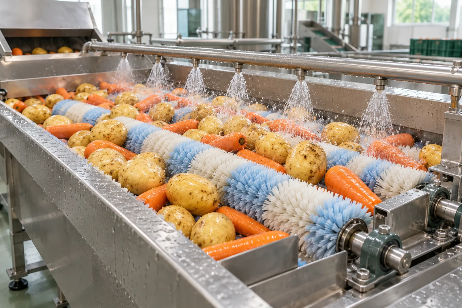 Illustration of potatoes and carrots in a stainless peeling machine with visible nylon-bristle brush rollers