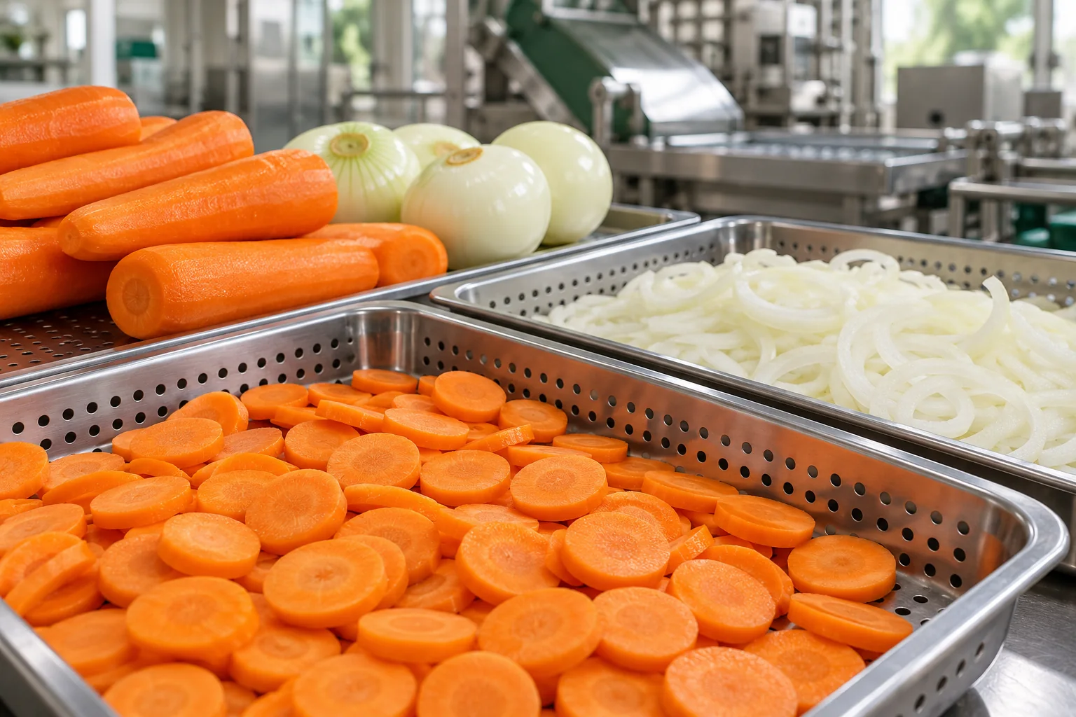 Illustration of uniform vegetable slices on a stainless preparation line