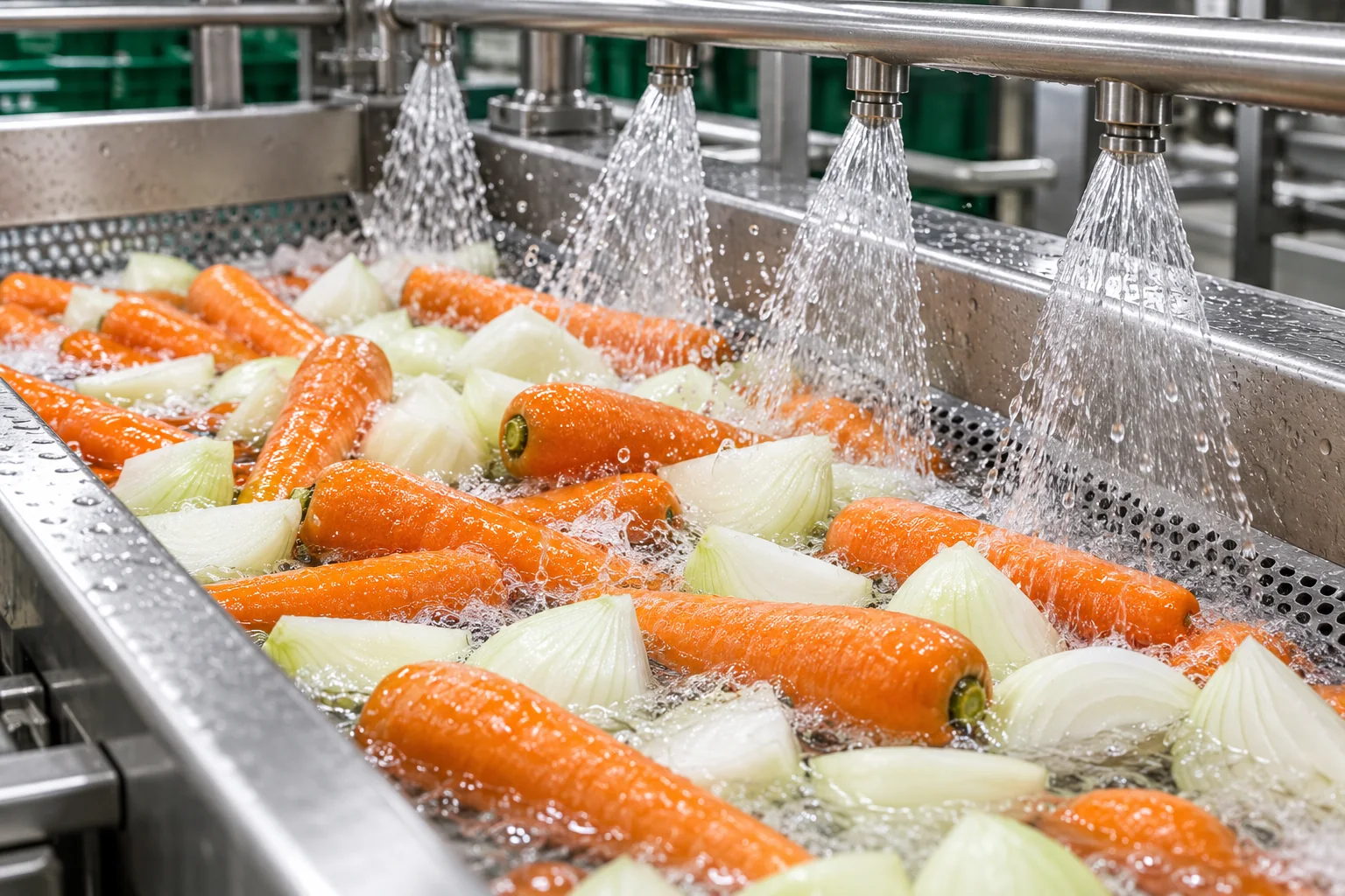 Illustration of vegetables washing under clean water jets in a stainless unit
