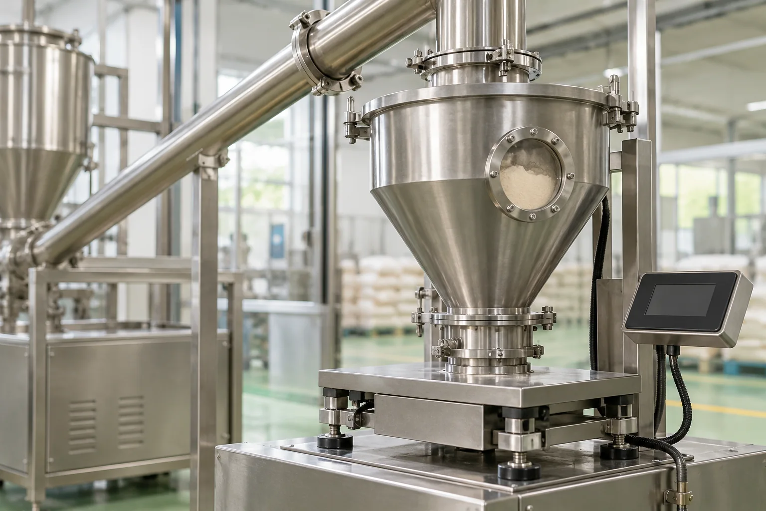 Illustrative stainless powder weighing hopper with enclosed transfer, no manual handling
